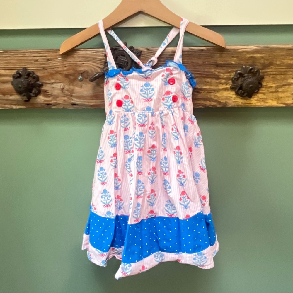 SweetHoney Girls Pink Seersucker Floral Polka Dot Sun Dress Size 6Y